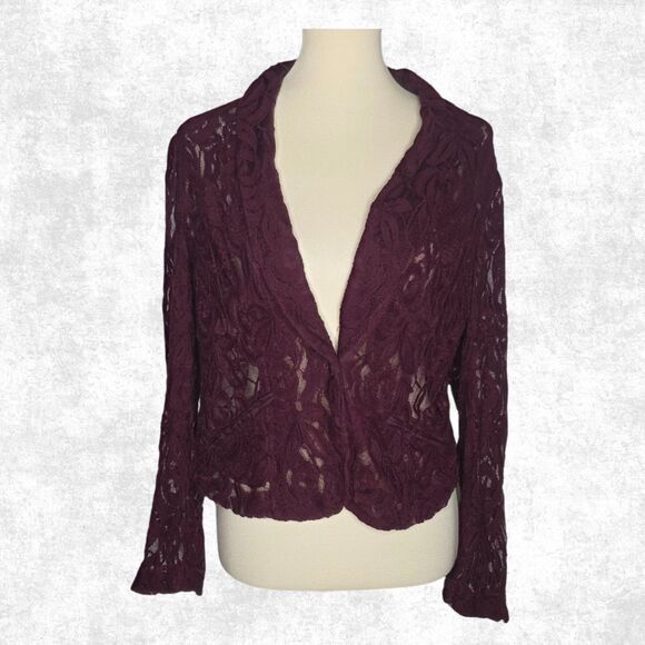 INC Burgundy Lace Blazer Jacket - Sheer Romantic Layer - Size Large - Picture 1 of 7